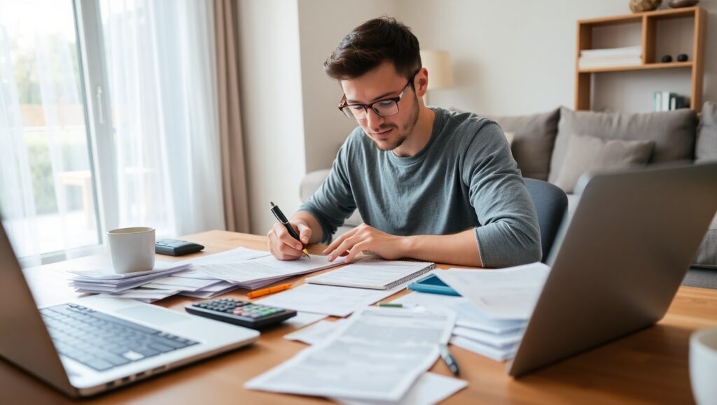 Homem concentrado organizando finanças pessoais em casa, usando notebook e calculadora para planejar como sair das dívidas.