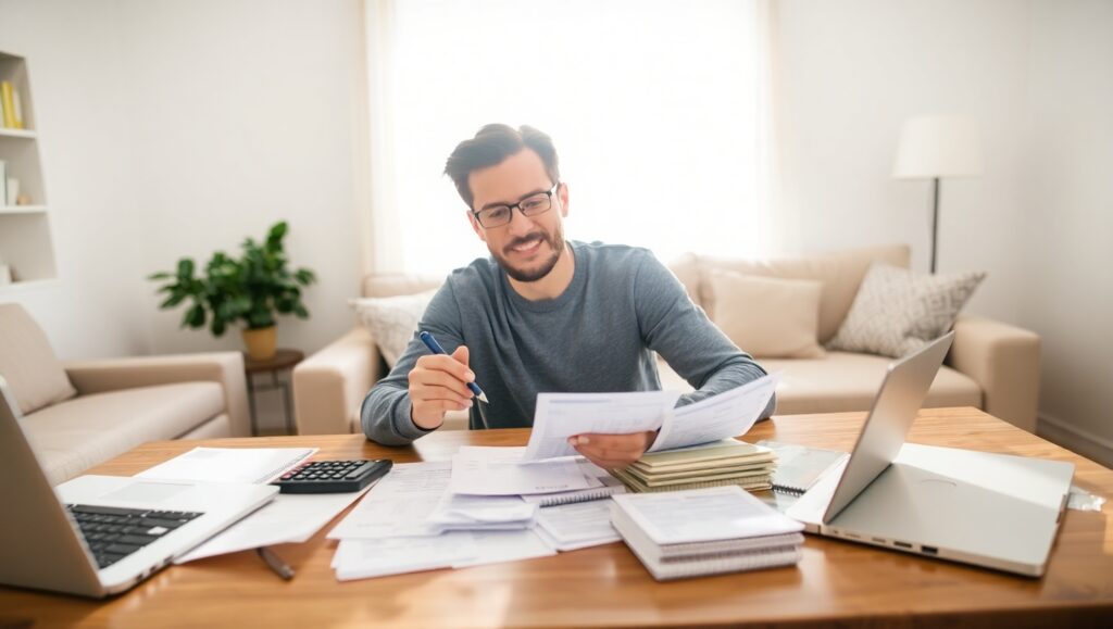 Homem trabalhando em casa com computador e documentos sobre a mesa, simbolizando formas de renda extra pela internet e organização financeira pessoal.