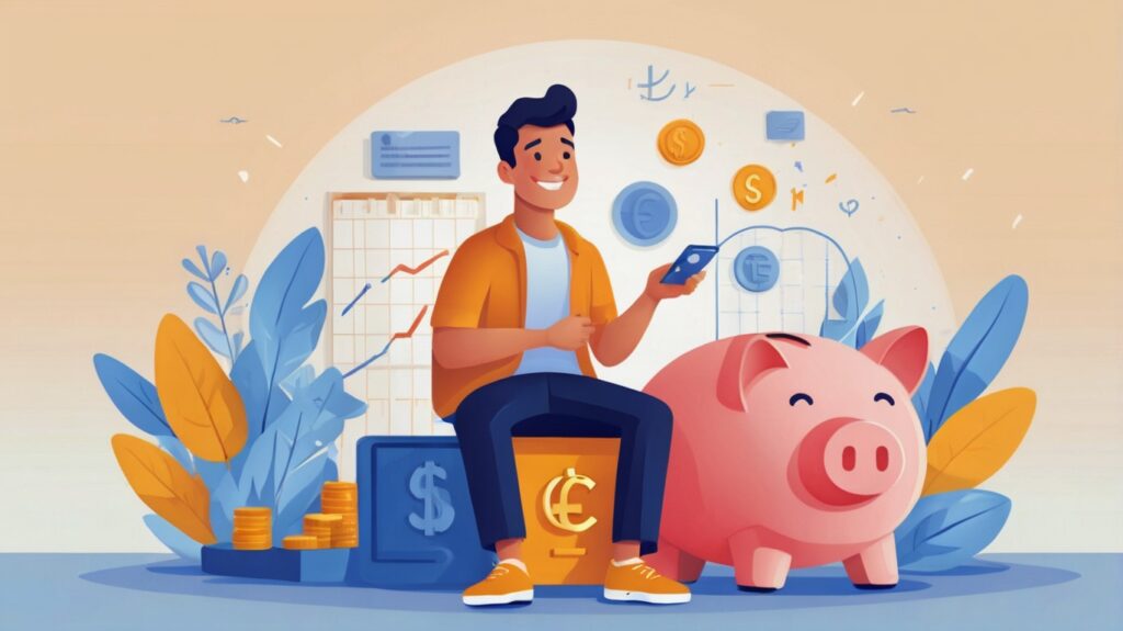 Homem sorridente usando celular ao lado de cofrinho rosa, gráficos e moedas, simbolizando educação financeira e controle de gastos pessoais.