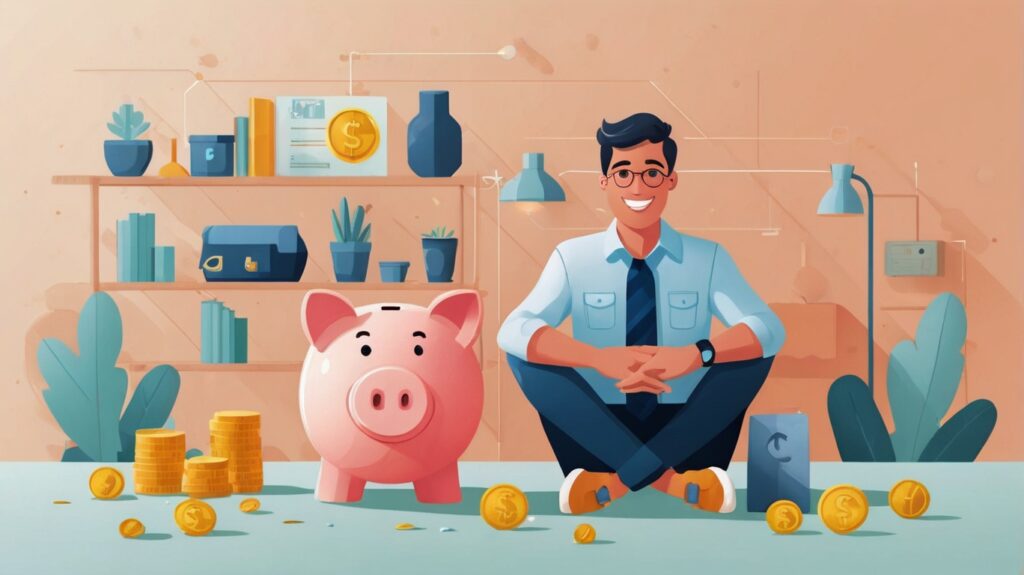 Homem feliz ao lado de cofrinho rosa e moedas de ouro, representando como ganhar dinheiro na internet e poupar de forma inteligente.