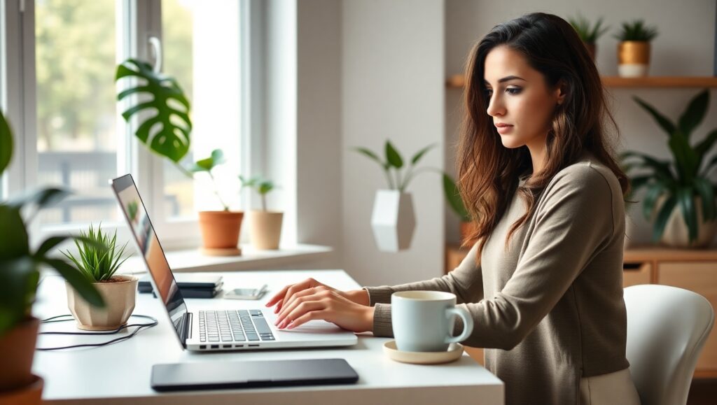 Mulher jovem trabalhando em notebook em casa, mostrando como ganhar dinheiro na internet com conforto e flexibilidade.