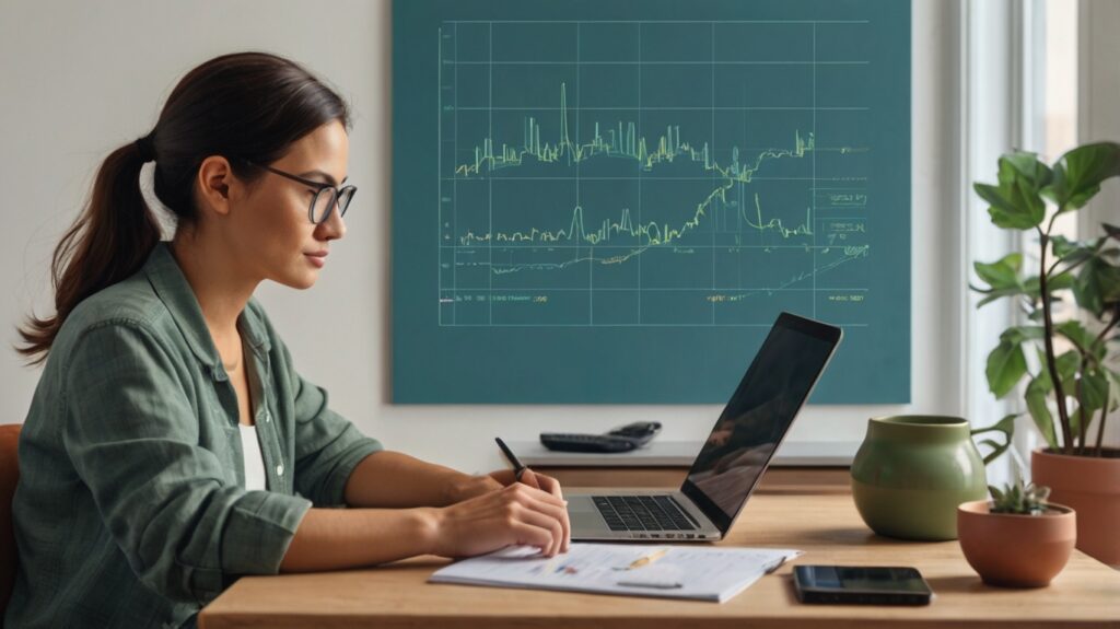 Mulher analisando gráficos financeiros em notebook, representando estratégias de como ganhar dinheiro na internet e investir melhor.