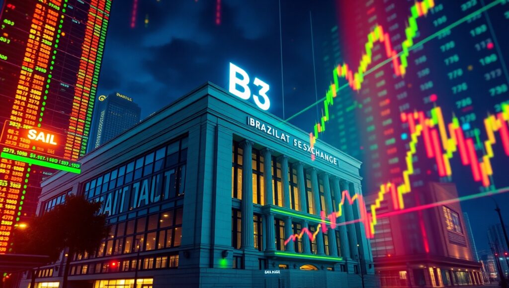 Prédio da B3 em São Paulo com gráficos digitais representando o mercado de ações brasileiras.