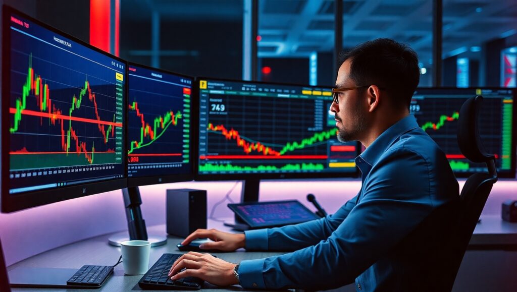 Investidor brasileiro analisando gráficos de ações no computador com cotações em reais.