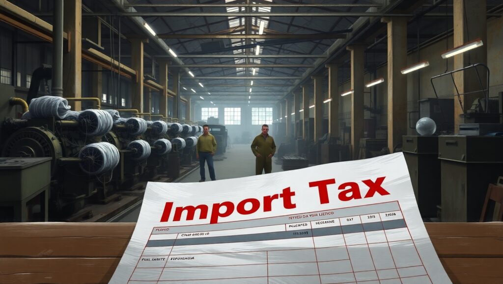 Indústria brasileira com máquinas paradas e trabalhadores ao fundo, em frente a um documento com o título “Import Tax”, simbolizando os efeitos negativos da taxação sobre a produção nacional.