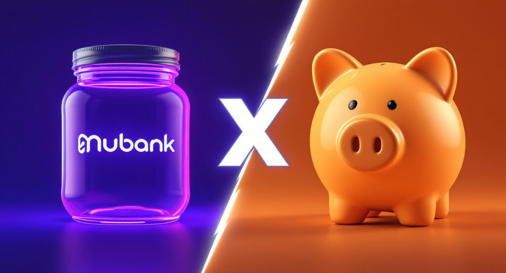 investimento em CDB e RDB.Ilustração comparativa entre a Caixinha do Nubank e o Porquinho do Banco Inter, representadas como um desafio amigável.