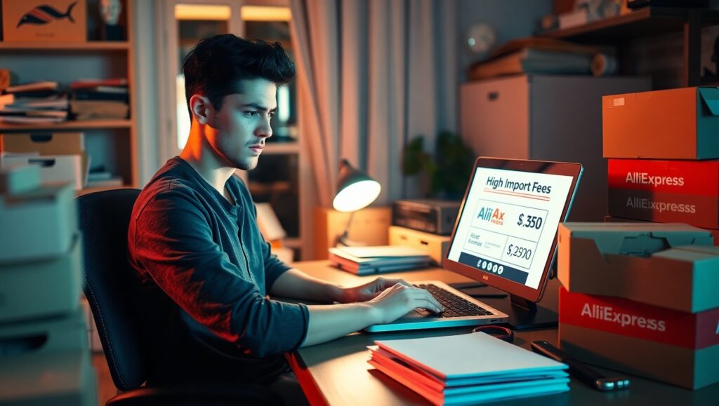 Jovem empreendedor brasileiro trabalhando em casa, frustrado ao ver taxas de importação elevadas em sites internacionais como AliExpress.