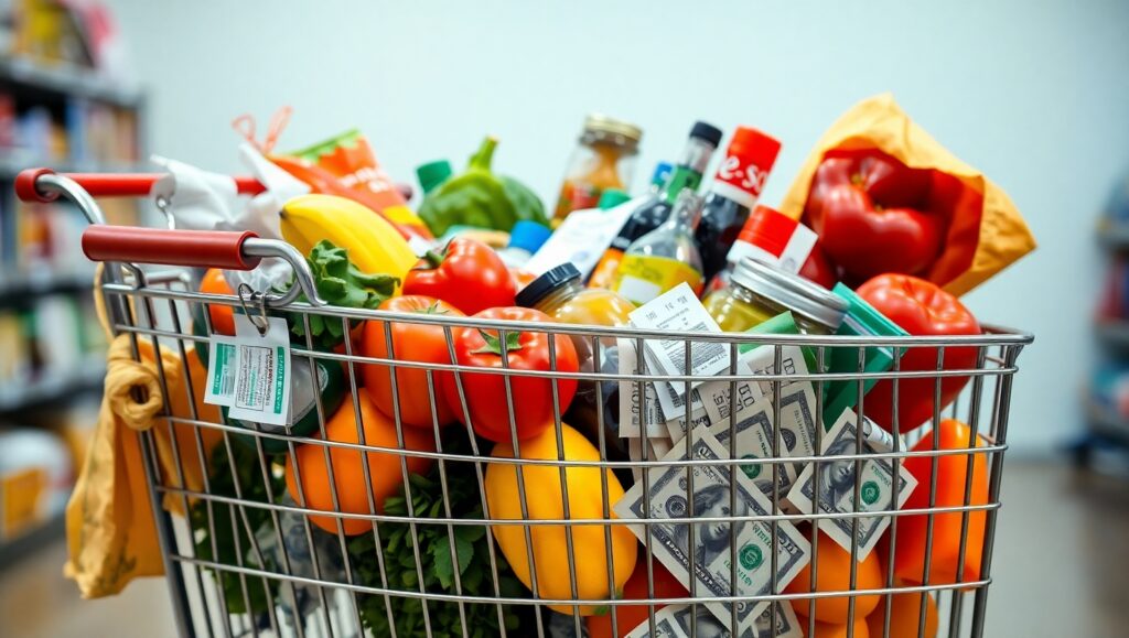 Carrinho de supermercado cheio com frutas, legumes, bebidas e várias cédulas de dinheiro, com preços altos e notas de dólar e real juntas. Elevando o preço dos produtos.