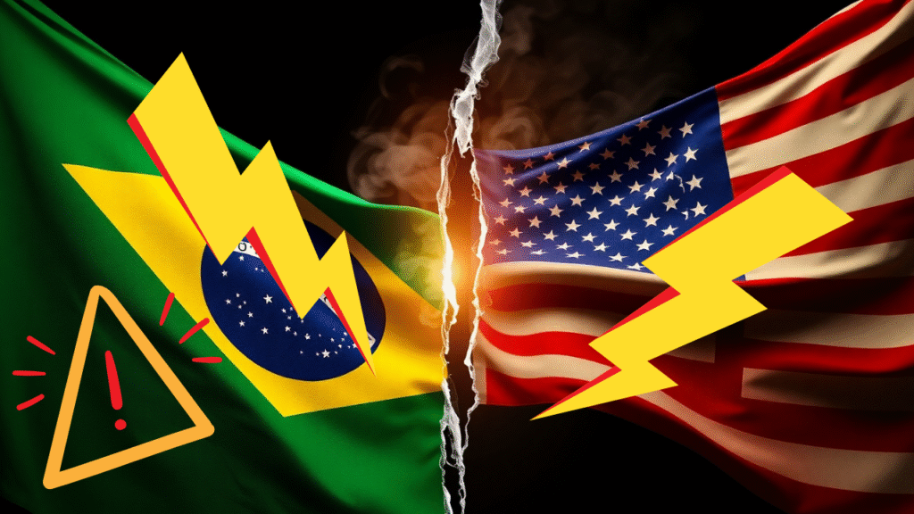 Bandeiras do Brasil e dos Estados Unidos lado a lado, separadas por uma rachadura com fumaça e raios amarelos, simbolizando tensão e crise diplomática.