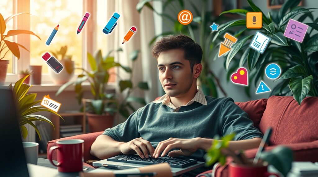 freelancer trabalhando em laptop com ícones de escrita, design e codificação ao redor