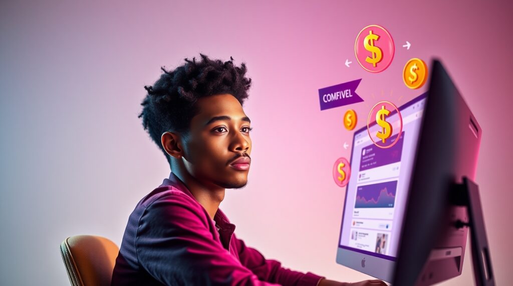 conceito de marketing de afiliados mostrando uma pessoa ganhando comissão ao promover produtos online