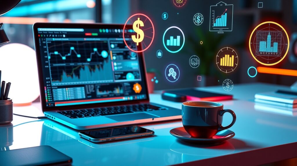 espaço de trabalho digital com ícones de laptop e dinheiro representando oportunidades de ganhar dinheiro online em 2025