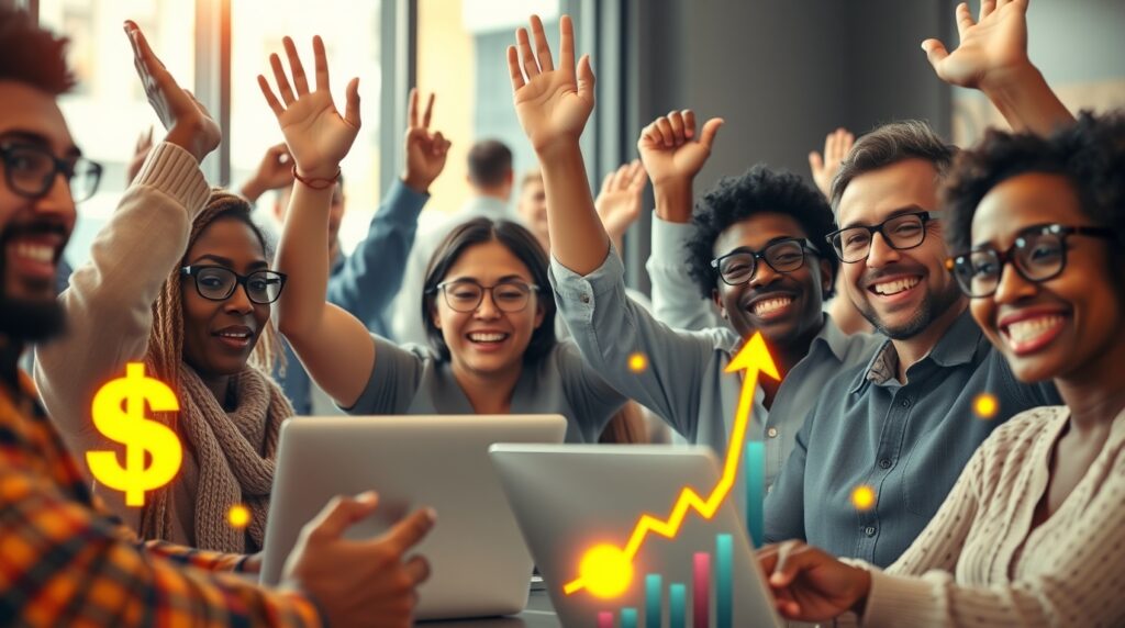 pessoas comemorando o sucesso de ganhar dinheiro online em 2025 com laptops e ícones de dinheiro