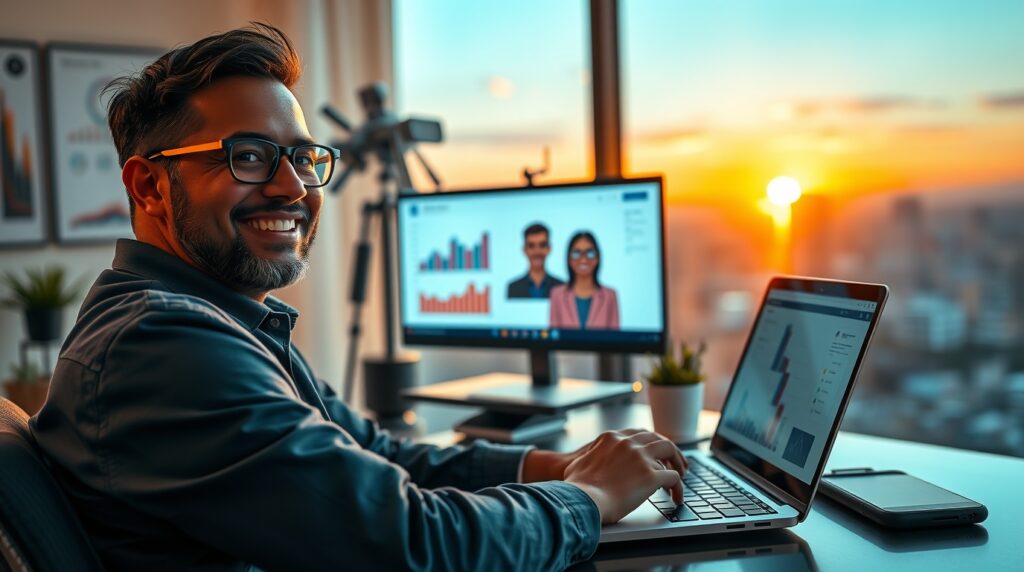 consultor online auxiliando cliente por videochamada com gráficos na tela