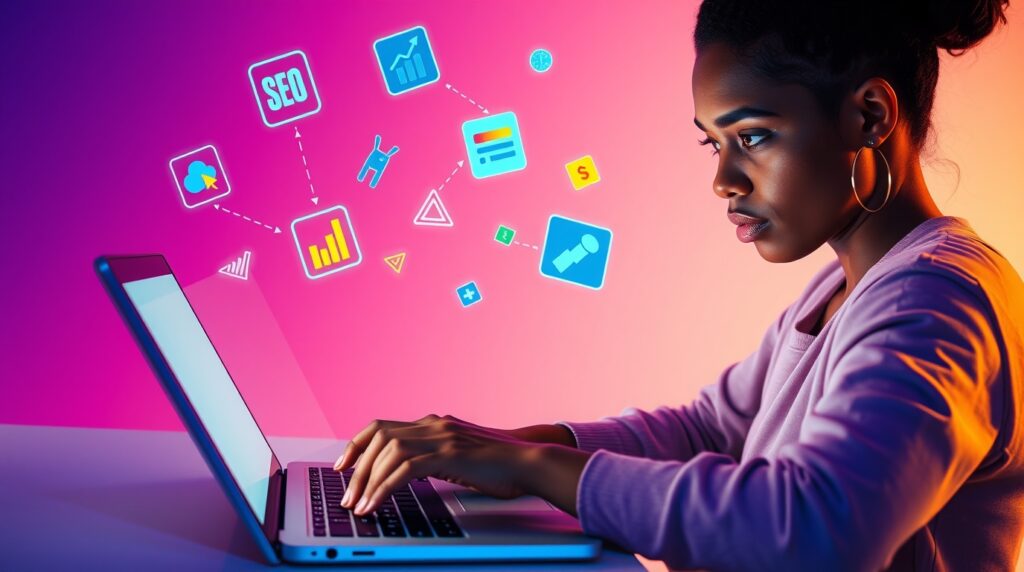 blogueiro digitando em laptop com ícones de SEO e anúncios ao redor