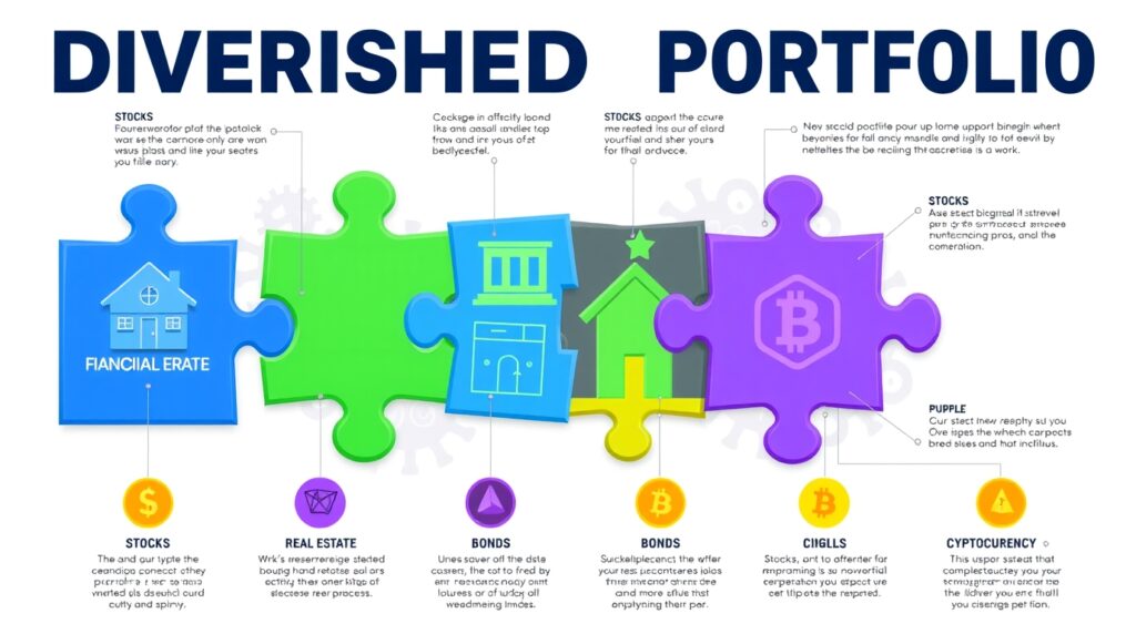 Diversificação de investimentos representada como peças de um quebra-cabeça.