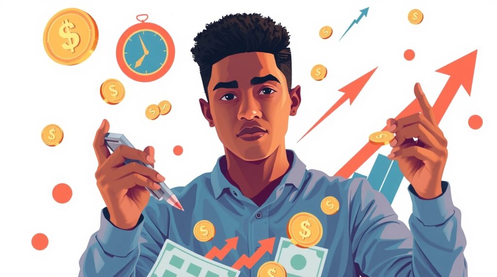 Ilustração moderna de uma pessoa investindo dinheiro com gráficos e moedas após ler guia completo de investimentos.