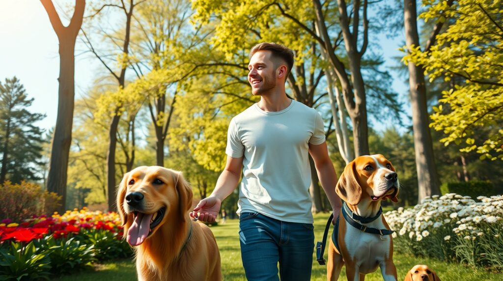 Dog walker cuidando de cachorros como renda extra offline.