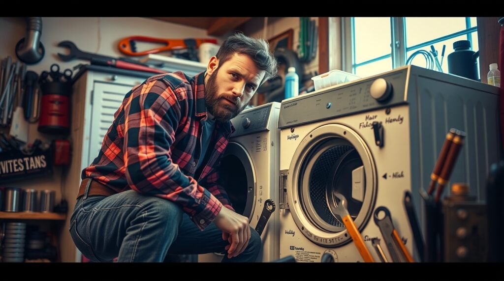 Trabalhador realizando conserto de eletrodoméstico para ganhar renda extra offline.