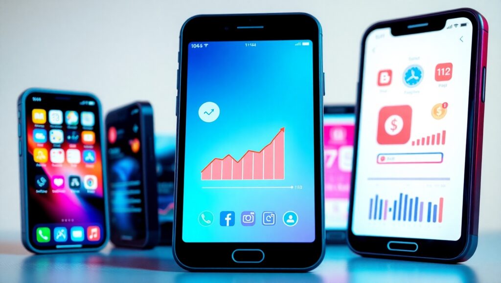 Ícones de redes sociais e dinheiro representando formas de como ganhar renda extra pelo celular.