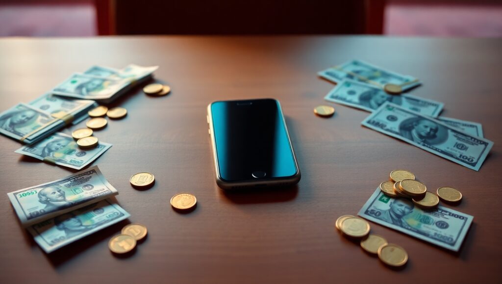 Celular sobre a mesa com dinheiro em volta, simbolizando renda extra.