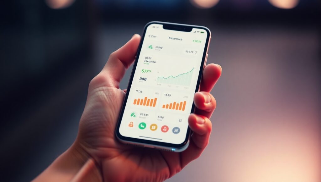 Mão segurando smartphone com aplicativos de finanças para renda extra.