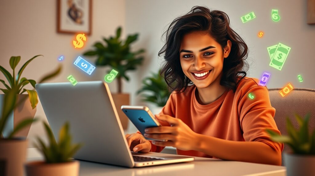 Pessoa trabalhando em casa com laptop e telefone, representando atividades paralelas e renda extra em 2025 no Brasil.