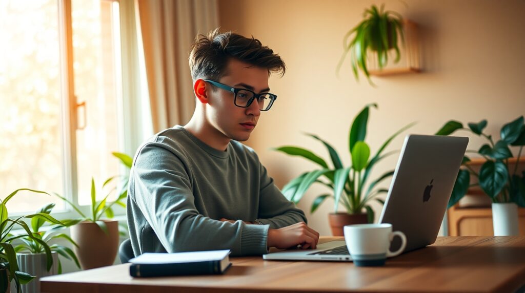 Freelancer trabalhando em casa com laptop e café, representando atividades paralelas online