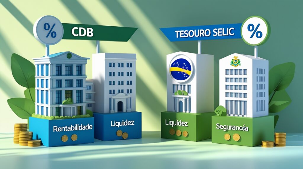 Infográfico comparando CDBs ou Tesouro Selic em 2025, destacando segurança e rentabilidade.