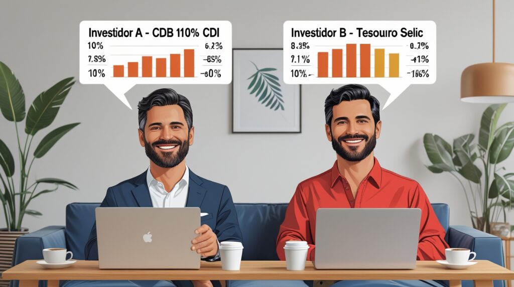 Comparativo visual entre investidores aplicando em CDB e Tesouro Selic, mostrando diferença de rentabilidade.