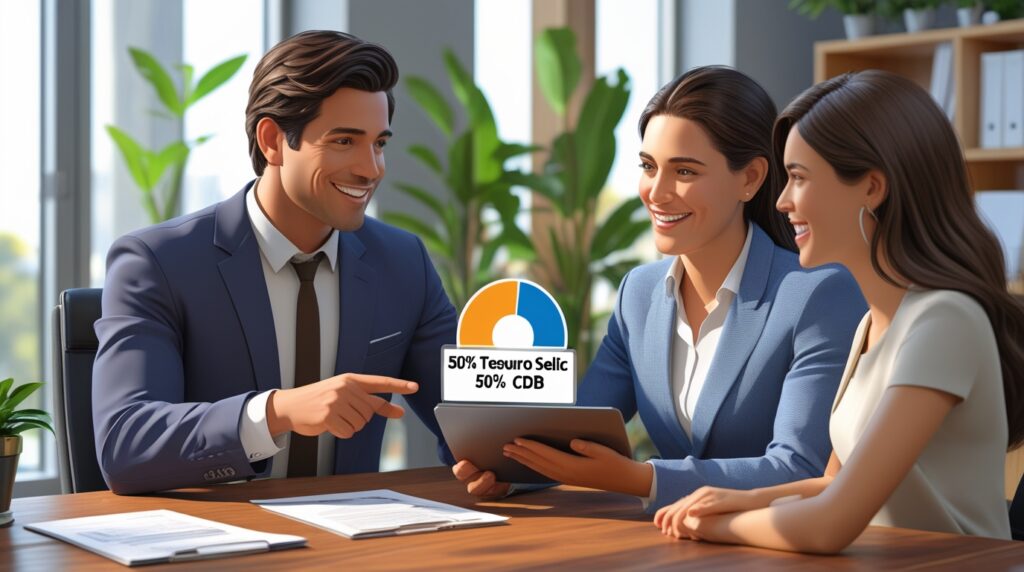 Assessor financeiro explicando como dividir investimentos entre CDBs ou Tesouro Selic.