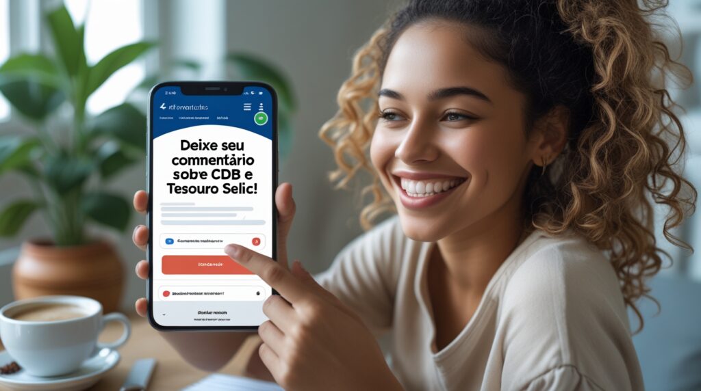 Mulher comentando em blog de finanças sobre CDBs ou Tesouro Selic usando o celular.