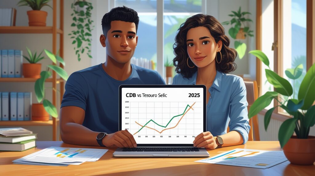 Comparação entre CDBs ou Tesouro Selic em 2025 com jovens brasileiros analisando gráficos financeiros em um notebook.