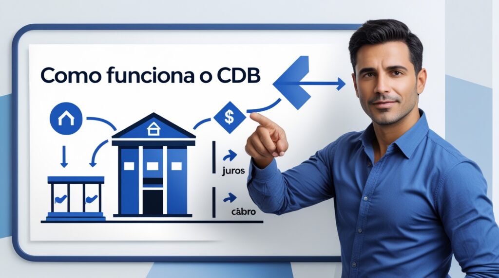 Ilustração mostrando como funciona o investimento em CDB de forma simples e didática.