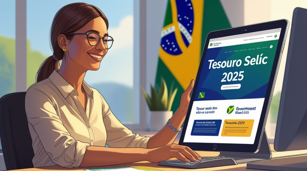Investidora brasileira analisando o Tesouro Selic 2025 em um tablet.