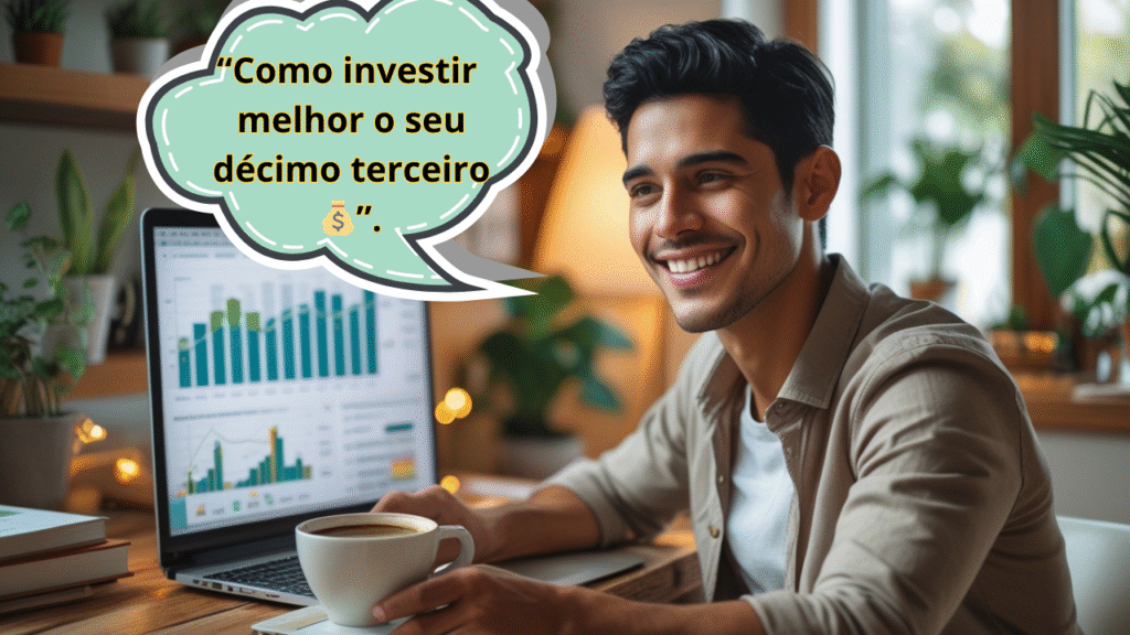 Homem sorridente usando notebook e analisando investimentos, com o texto “Como investir melhor o seu décimo terceiro 💰”.