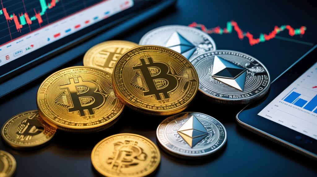 Moedas físicas representando Bitcoin, Ethereum e Tether ao lado de gráficos financeiros.