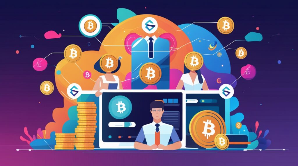 Ilustração mostrando passo a passo de como investir em criptomoedas.