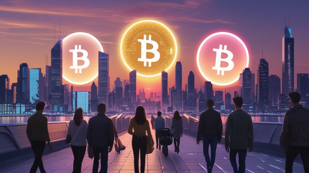 Cidade futurista com hologramas de Bitcoin e Ethereum iluminando o céu.