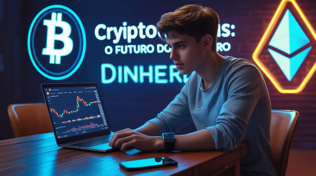 Jovem investidor usando notebook com gráficos de criptomoedas ao fundo.