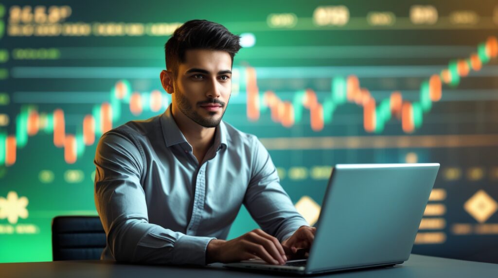 Jovem investidor analisando gráficos de ETFs no computador com título “ETFs: Invista com Inteligência e Diversifique seus Ganhos”.