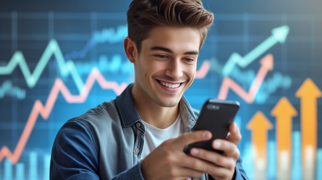 Jovem feliz vendo os resultados de seus investimentos em ETFs no celular.
