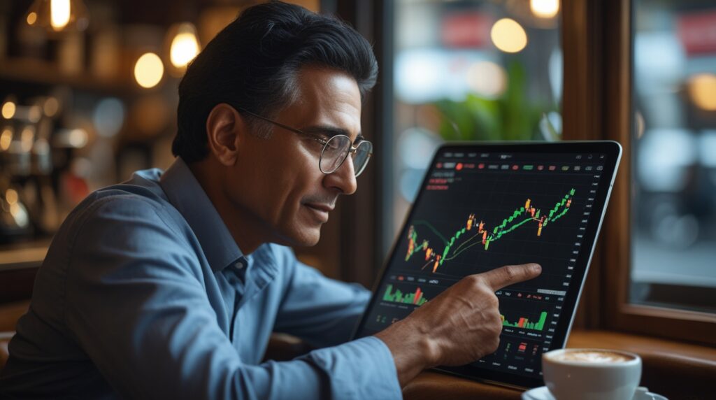 Investidor acompanhando o desempenho de ETFs em um tablet.