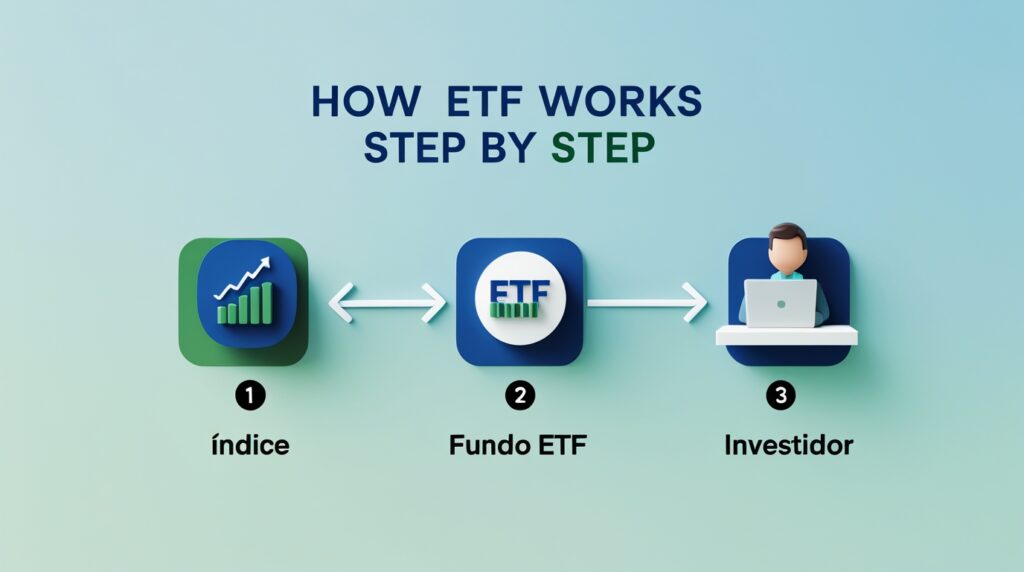 Infográfico em português mostrando como funciona um ETF de forma simples.