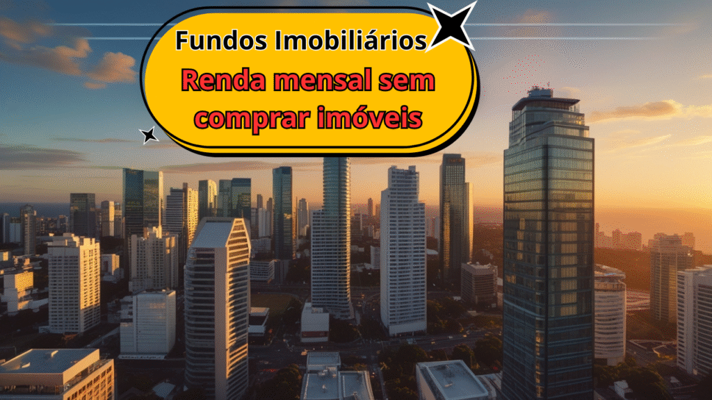 Vista aérea de cidade moderna ao entardecer com texto sobre fundos imobiliários.