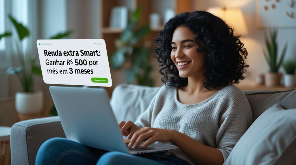 Mulher analisando seus ganhos de renda extra aplicando metas SMART.