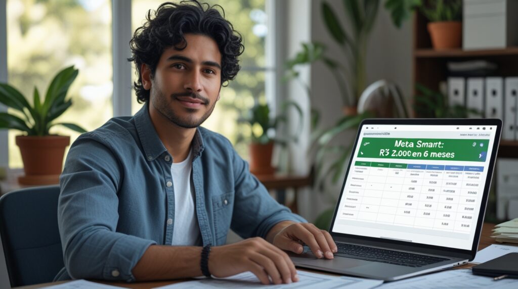 Homem acompanhando o progresso de uma meta SMART financeira em seu notebook.