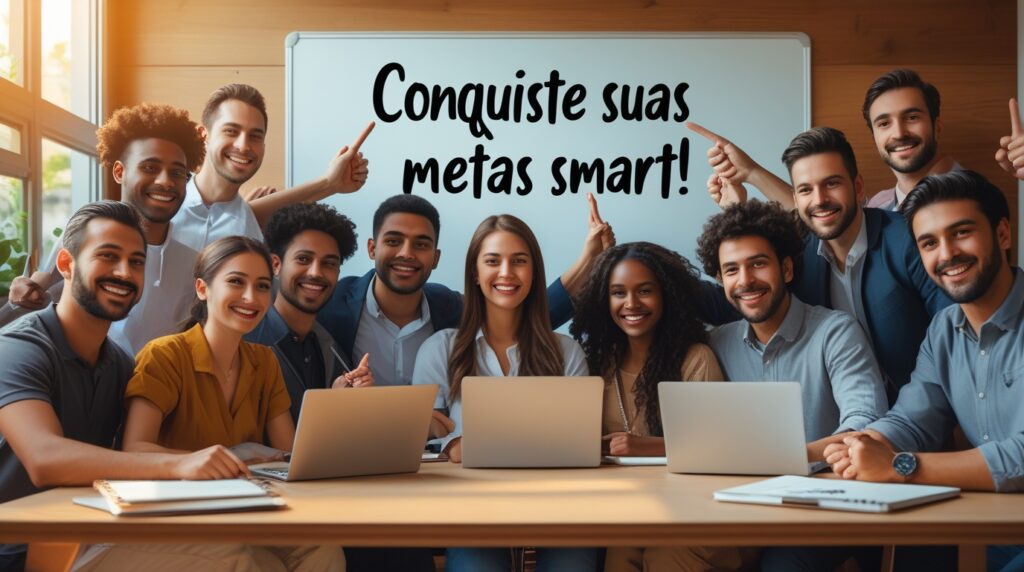 Grupo de pessoas comemorando suas conquistas após aplicarem metas SMART.