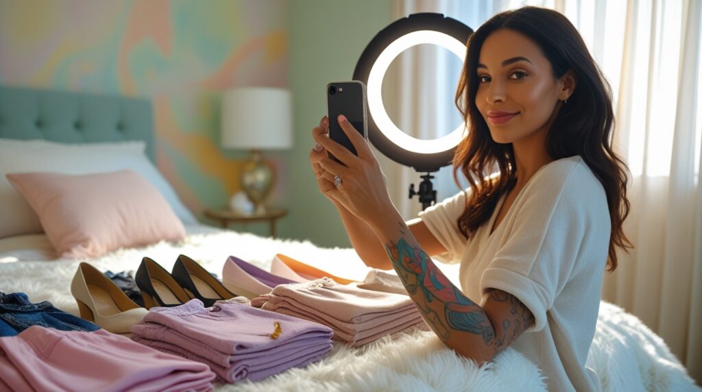 Mulher fotografando roupas para vender no Enjoei e gerar renda extra.
