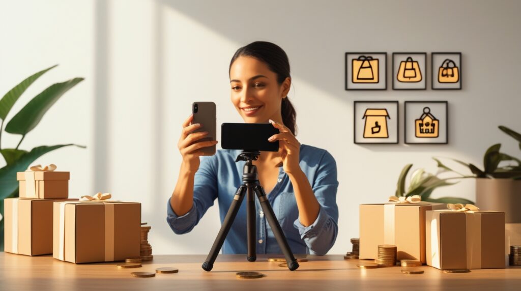 Mulher brasileira criando vídeos para vender produtos e ganhar comissão com TikTok Shop e Shopee Afiliados.